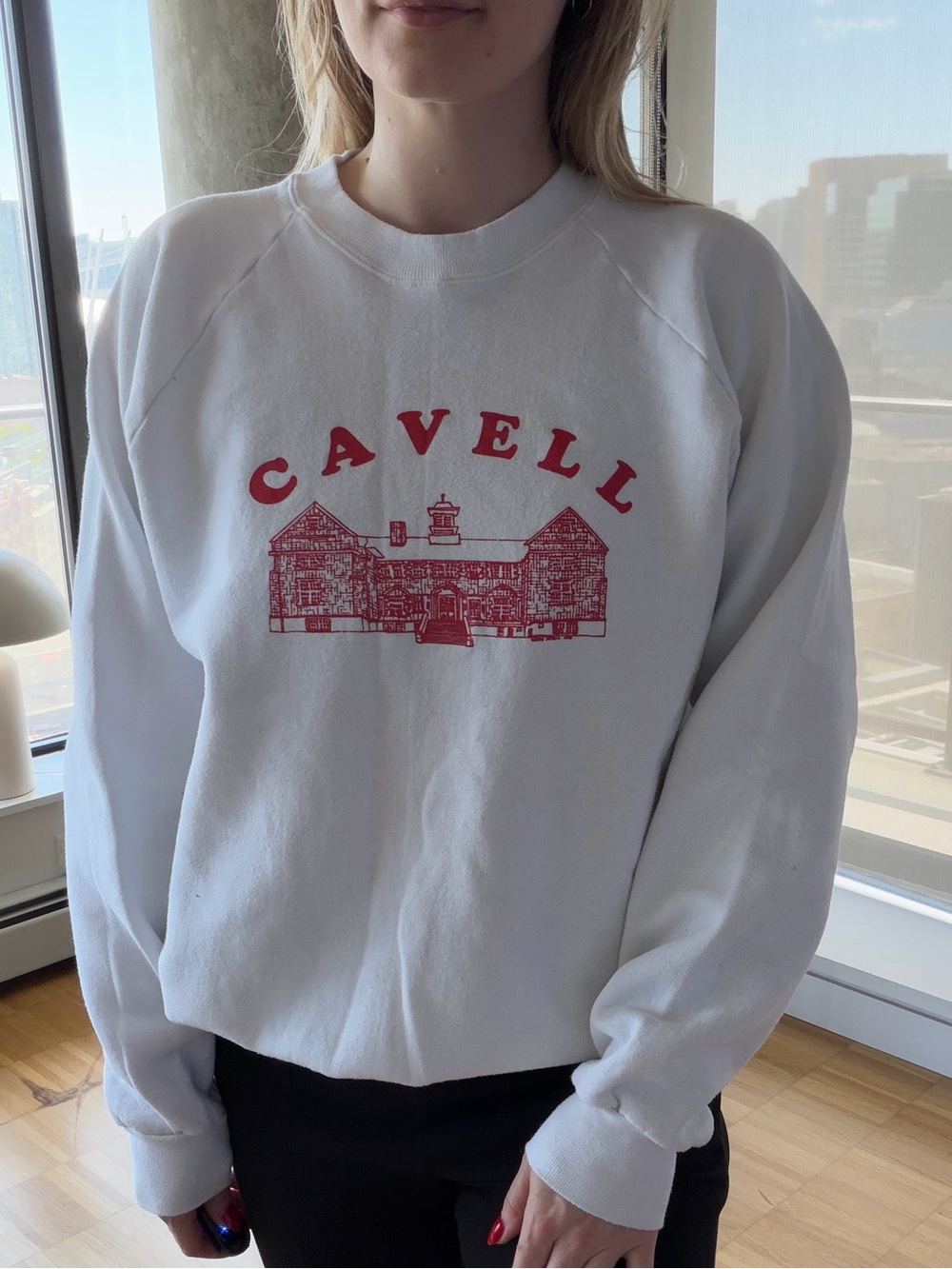 White Crew Neck Sweater with Red Print